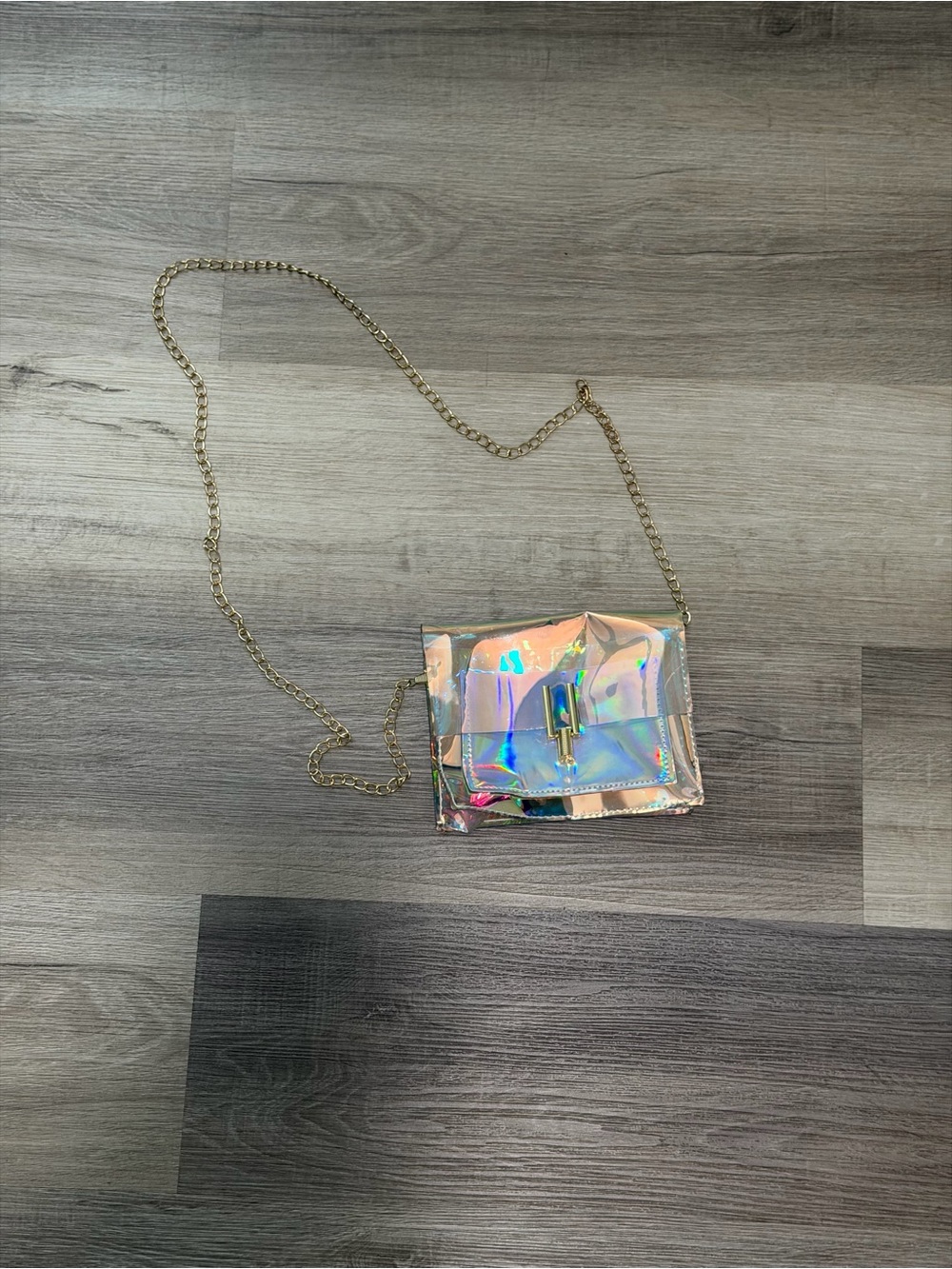 Iridescent Holographic Crossbody Bag with Gold Chain
